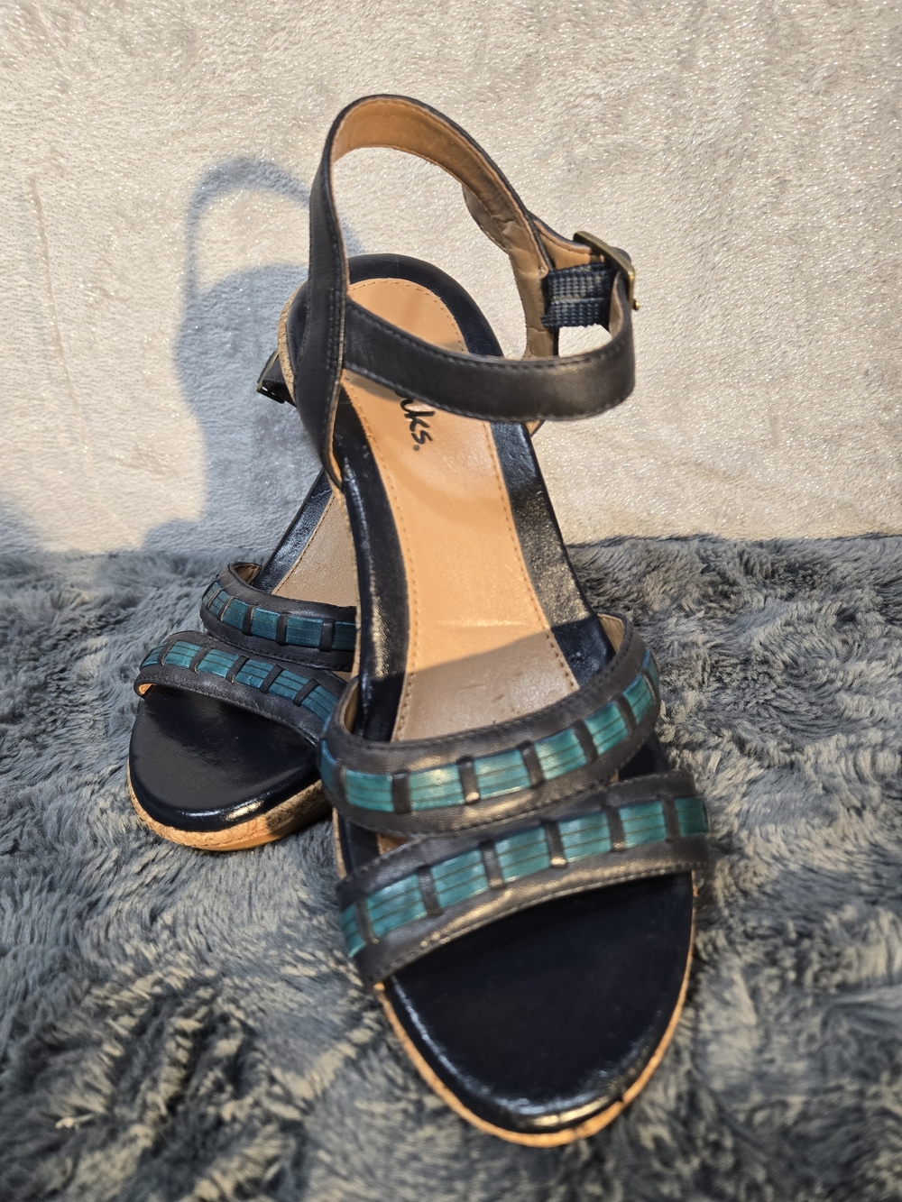 Clarks Black Sandal with Teal Striped Accent